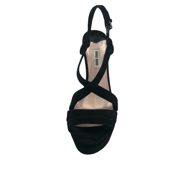 MIU MIU BLACK SUEDE AND MIRROR PLATFORM SANDALS - Picture 9 of 16
